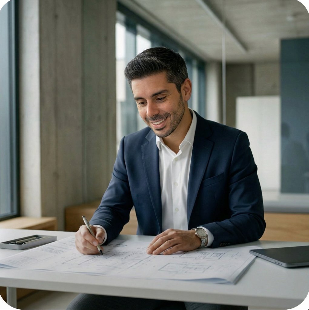 Consultor técnico de Vértice Project revisando planos de obra